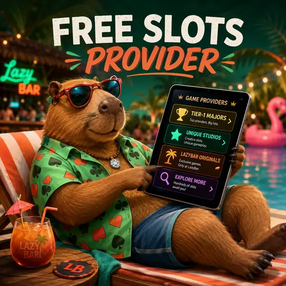 LazyBar Casino Capybara durchsucht kostenlose Spielautomaten auf Tablet am Pool-Gaming-Paradies