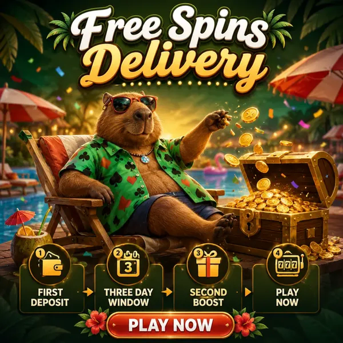 LazyBar Casino Capybara entspannt am Pool, wirft Münzen, während Freispiele um Schatztruhe herum regnen
