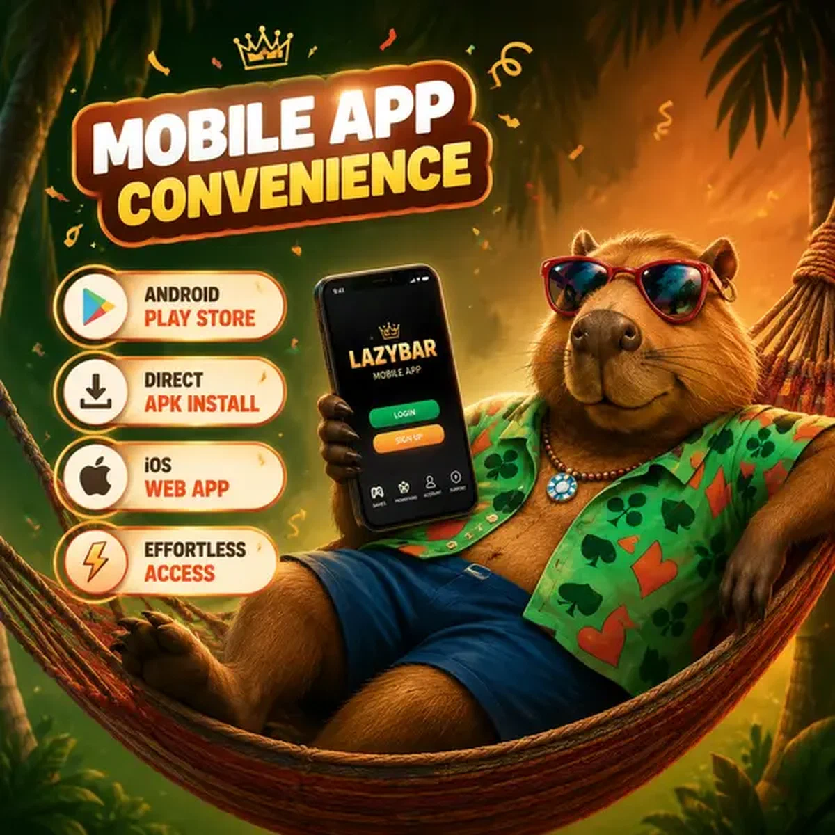 LazyBar-App leuchtet auf Smartphone-Bildschirm mit entspanntem Capybara in tropischer Hängematte