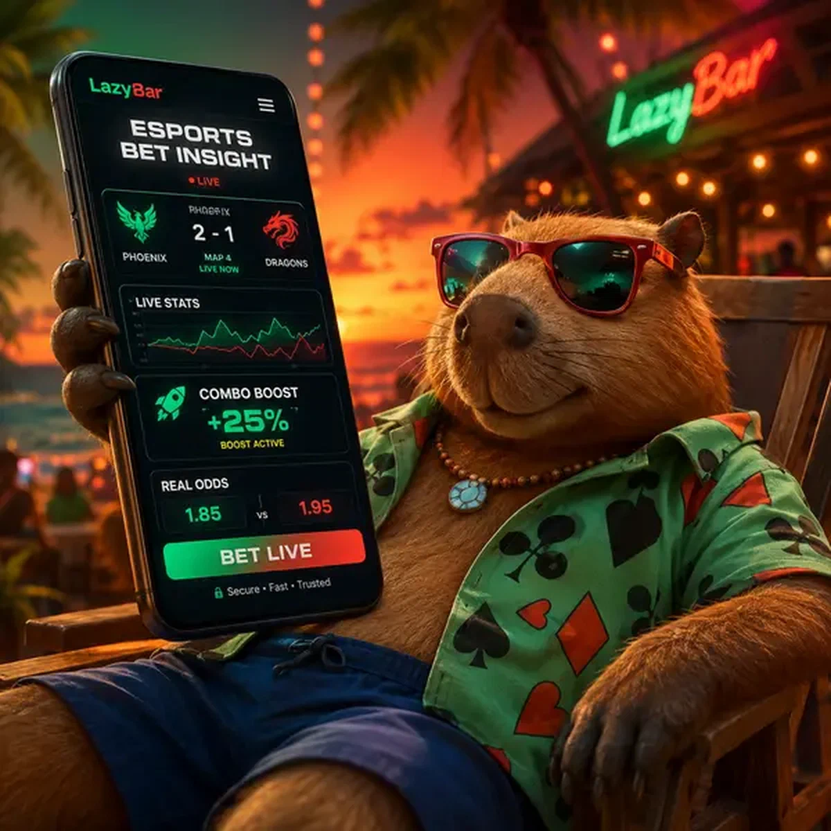 LazyBar Capybara analysiert Esports-Wettdaten auf leuchtendem Smartphone-Bildschirm