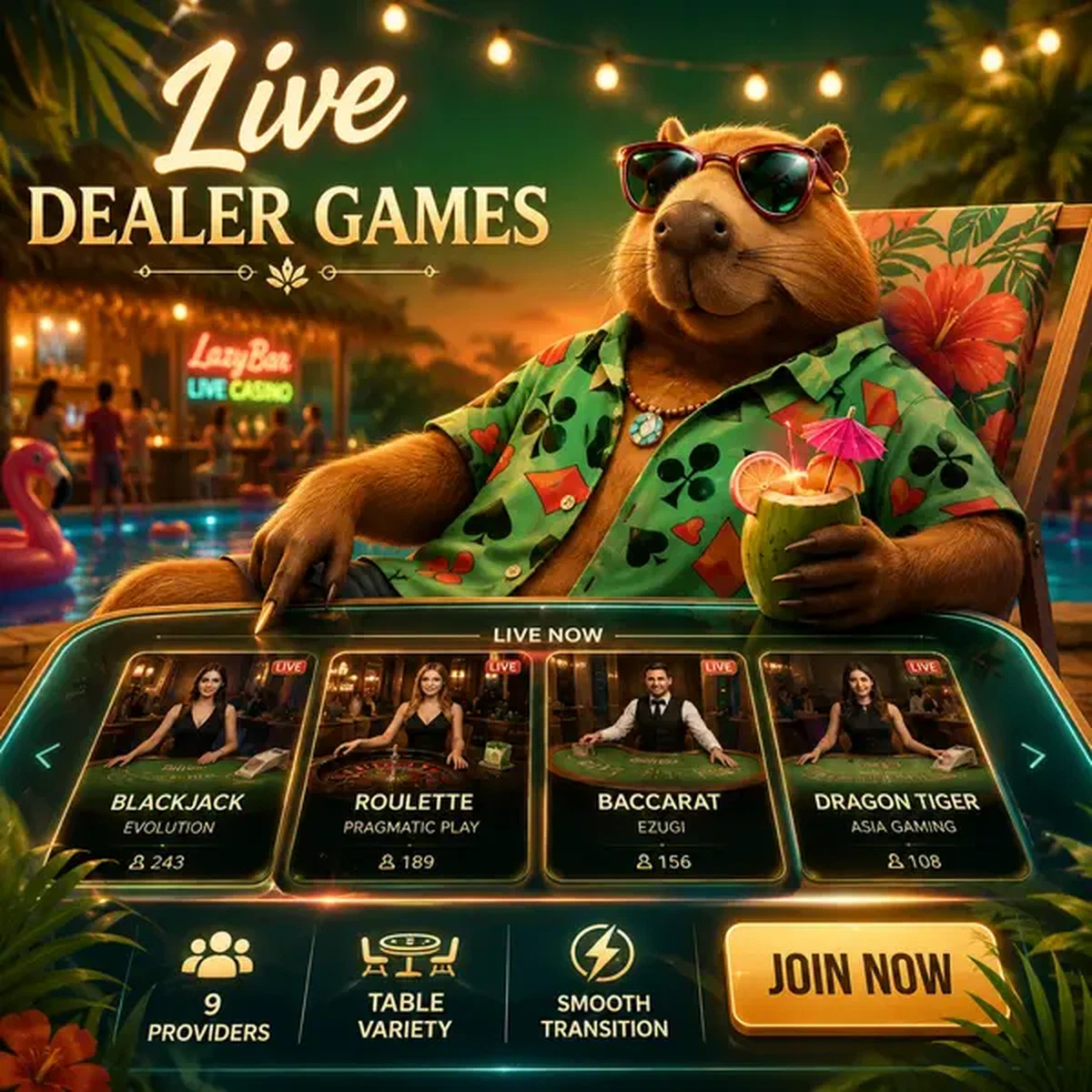 LazyBar-Capybara-Gastgeber entspannt neben leuchtenden Live-Dealer-Bildschirmen in tropischer Casino-Atmosphäre