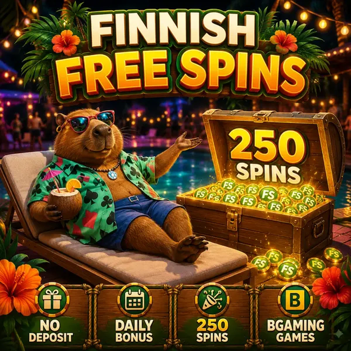 LazyBar entspannt am Pool mit Schatztruhe voller No Deposit Bonus Spins für finnische Spieler