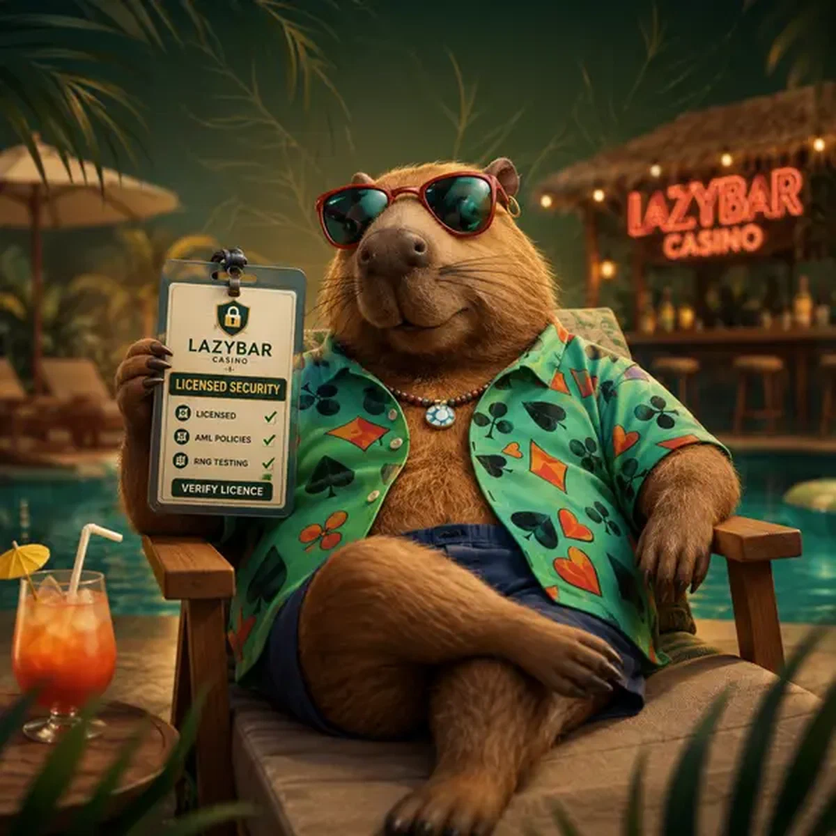 Capibara de LazyBar muestra con confianza insignia de seguridad licenciada junto a la piscina tropical