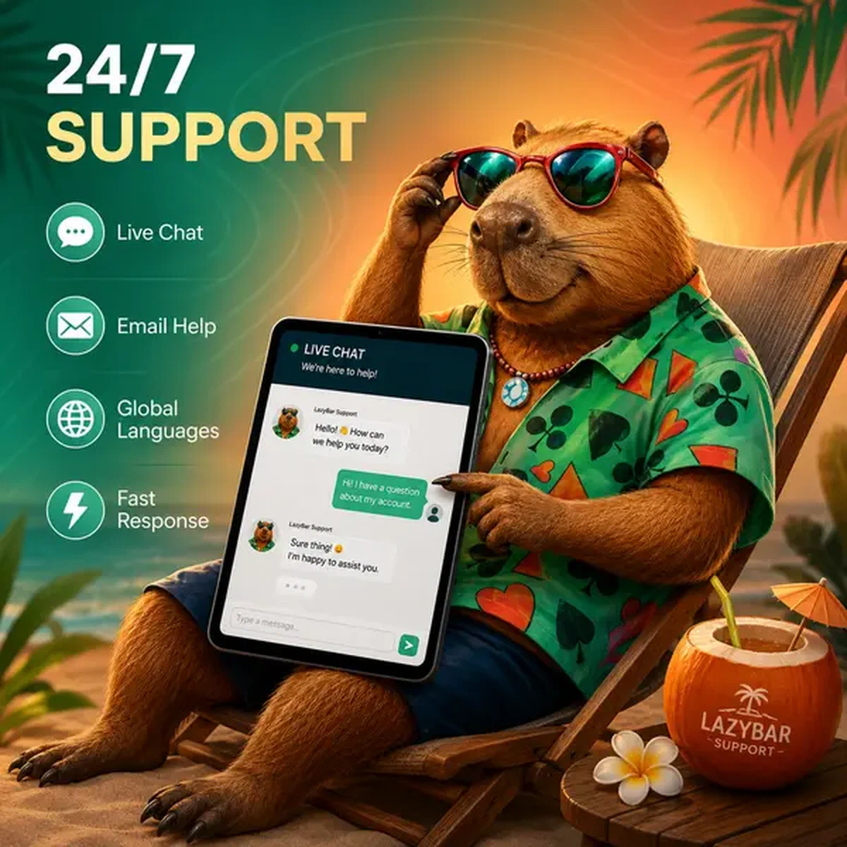 Soporte al cliente en LazyBar mientras el capibara asiste a través de la interfaz de chat en vivo