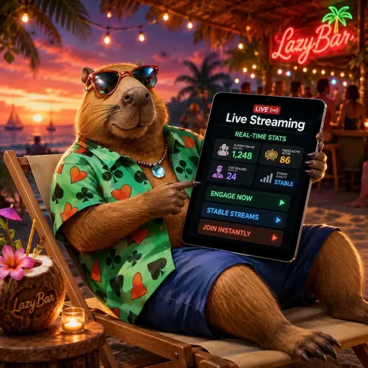 LazyBar Live-Casino-Capybara-Gastgeber zeigt Echtzeit-Spielerstatistiken auf Tablet bei Strandparty