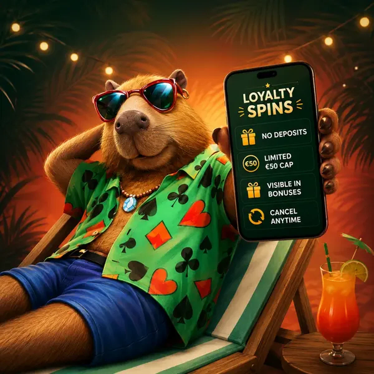 LazyBar Capybara durchsucht No Deposit Bonus Details auf Smartphone in tropischer Umgebung