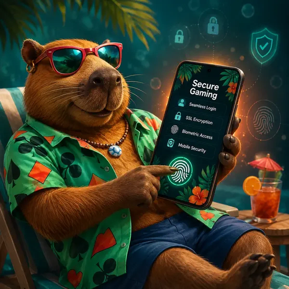 LazyBar Casino-App leuchtet, während Capybara biometrischen Login für sicheres mobiles Gaming verwendet