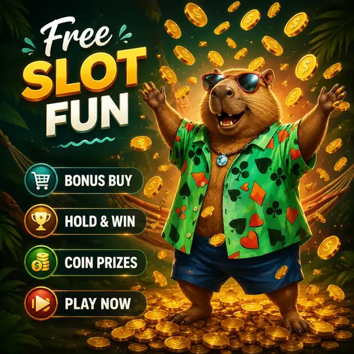 LazyBar Capybara feiert Jackpot unter goldenem Münzregen in lebendiger Spielautomaten-Halle