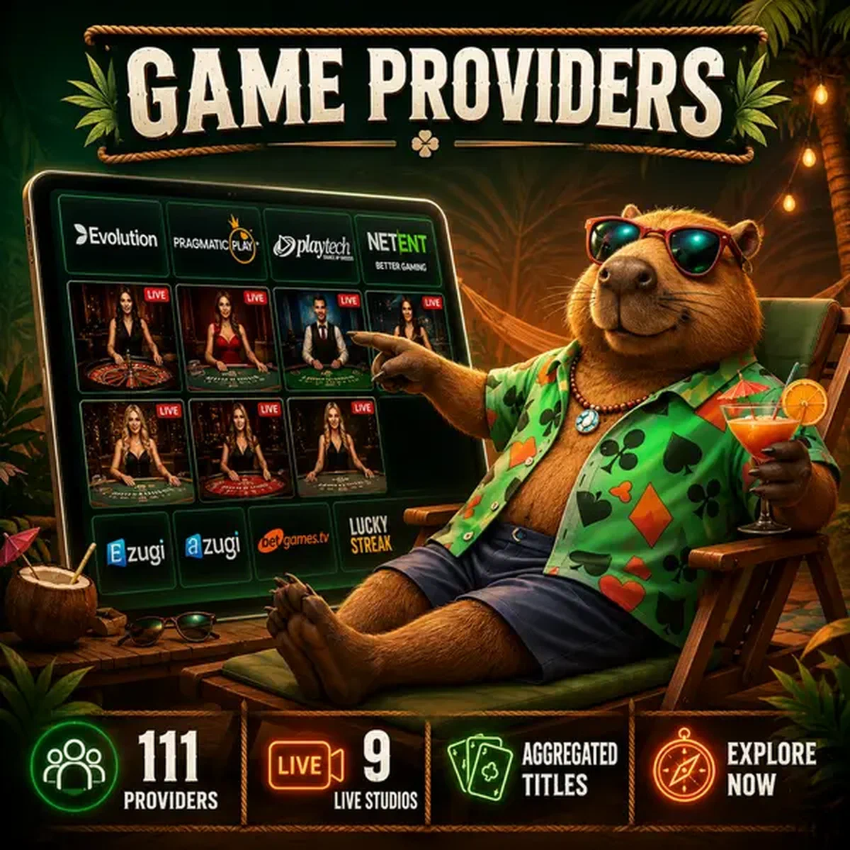 Entspanntes Capybara zeigt auf Tablet mit 111 Spieleanbietern in der LazyBar Tropical Lounge