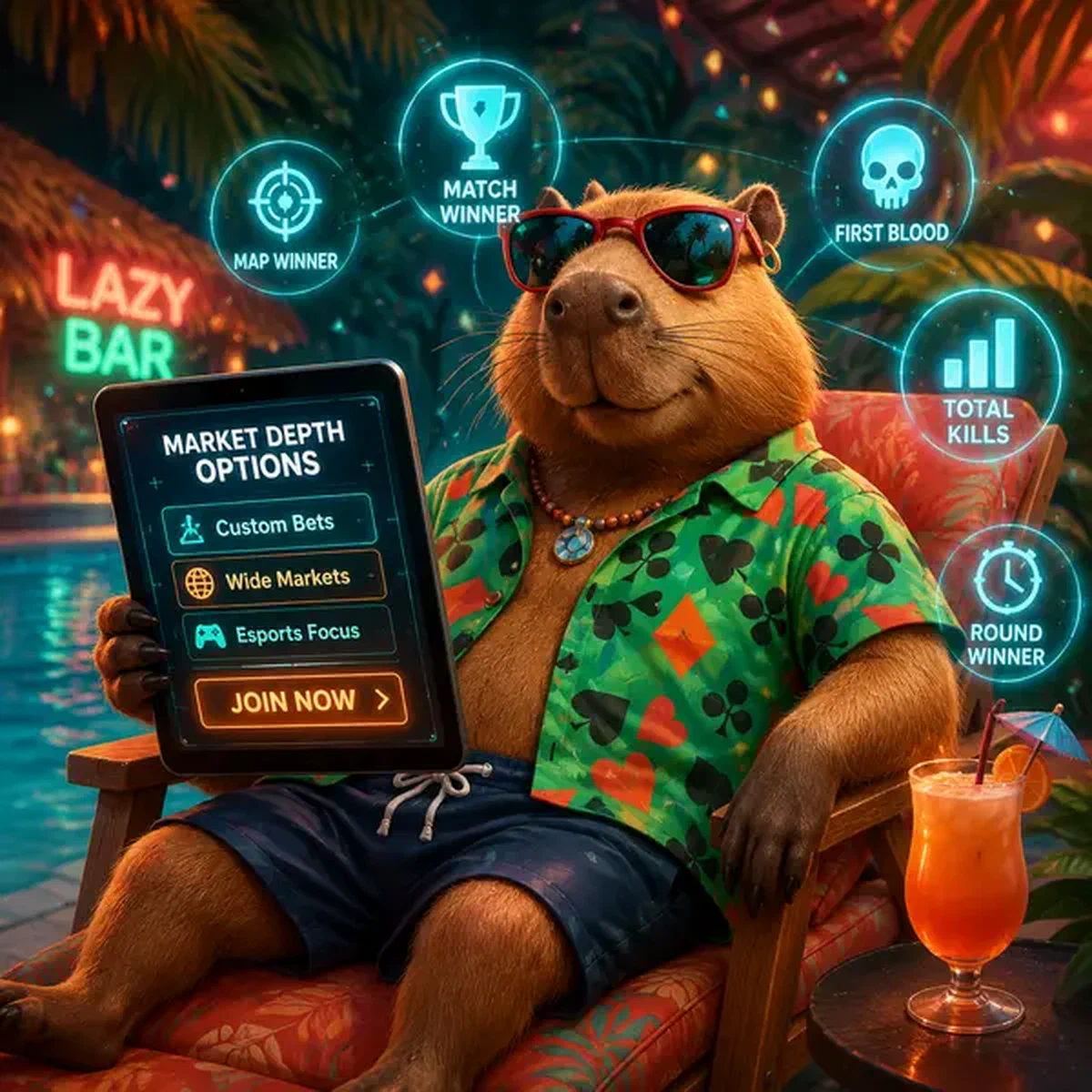 LazyBar Capybara entspannt am Pool mit Esports-Wettmärkten auf Tablet-Display