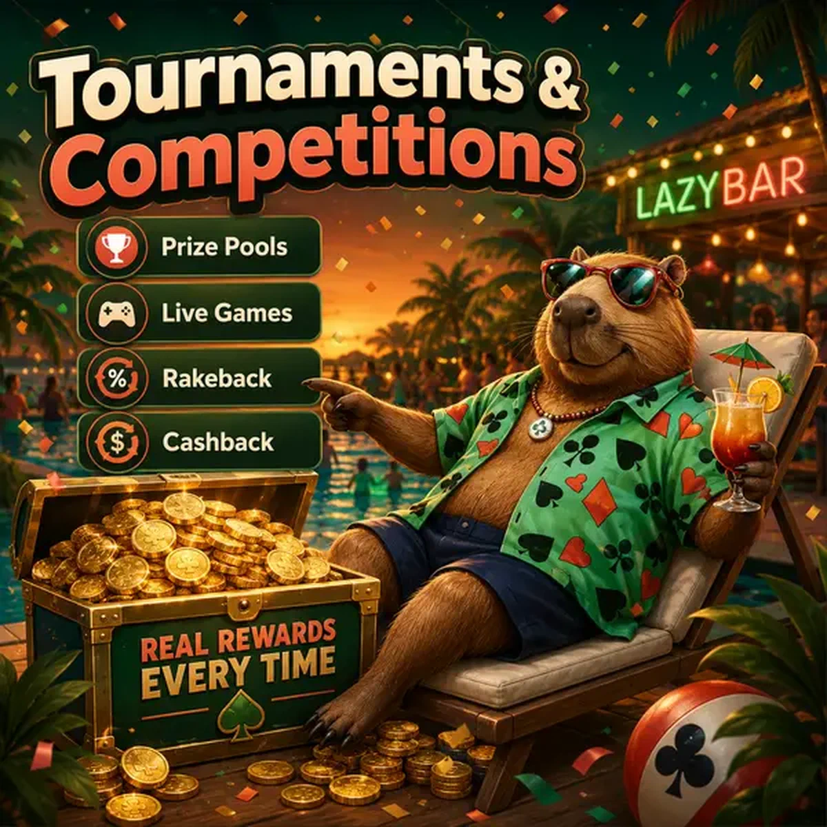 Caja de premios de torneos de LazyBar desbordándose con monedas doradas y recompensas de cashback