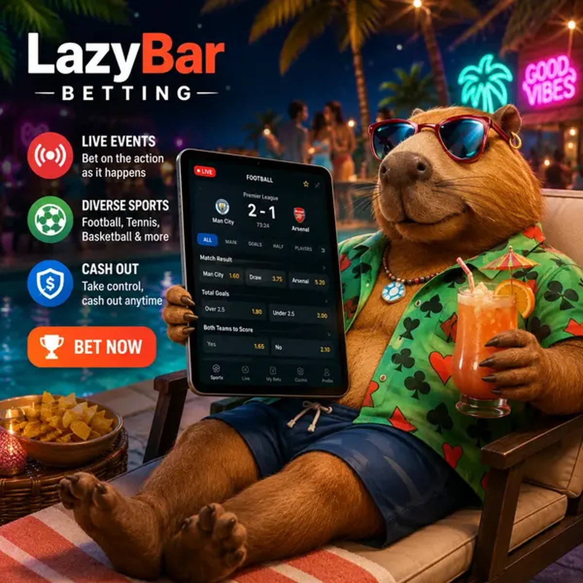 Anfitrión capibara comprobando cuotas de apuestas deportivas en tableta en la fiesta junto a la piscina de LazyBar