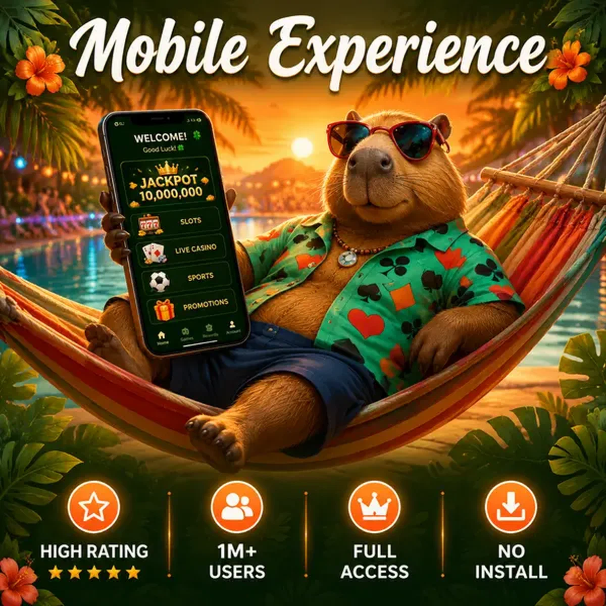 Interfaz de la app móvil de LazyBar brillando mientras el capibara descansa junto a la piscina con smartphone
