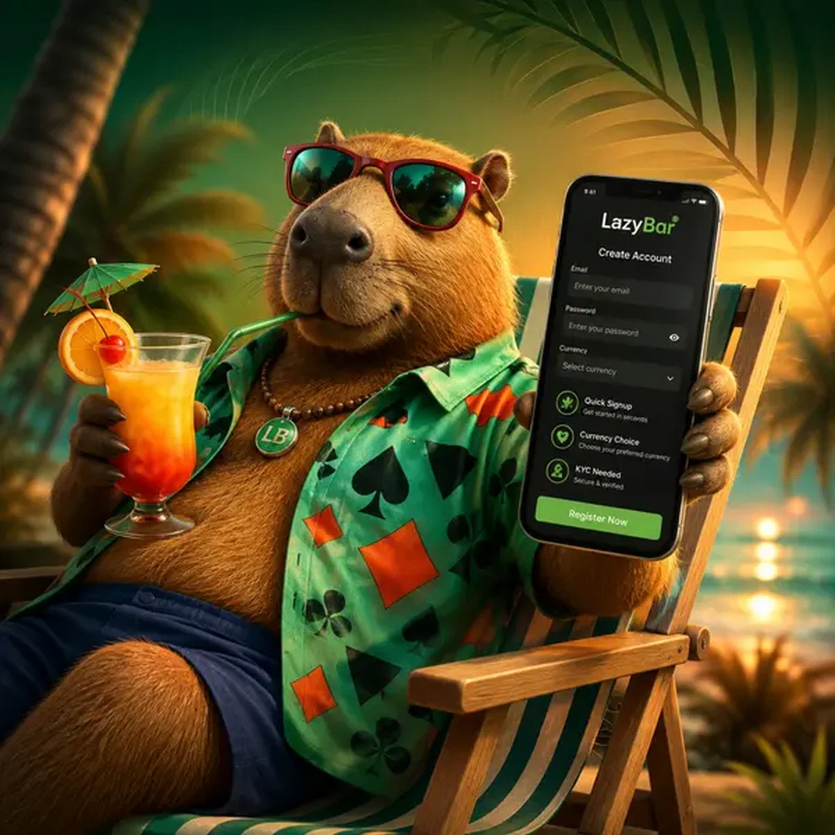Kapibara swobodnie rejestrująca się w LazyBar na smartfonie, relaksując się na tropikalnym leżaku plażowym