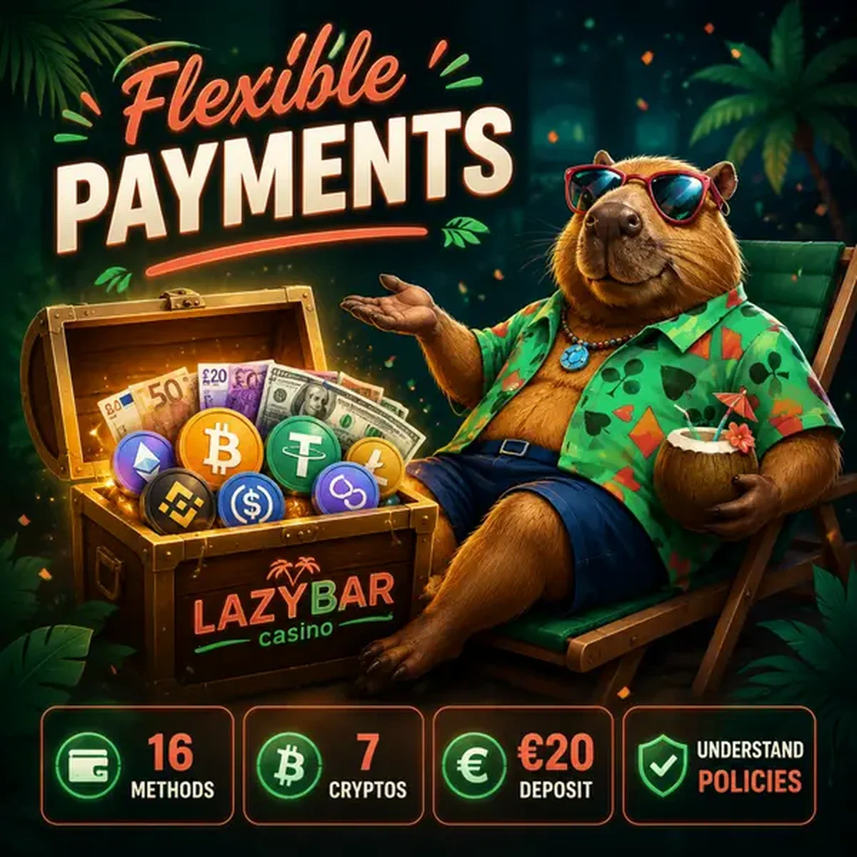 LazyBar Capybara präsentiert flexible Zahlungsmethoden an tropischer Casino-Schatztruhe